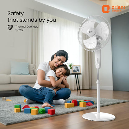 Orient Electric Stand 87 Pedestal Fan | High Speed 2100 RPM 95 CMM | 100% Copper Motor | 90 Degree Oscillation and Tilt | Adjustable Height | 3 Speed | Military Grade Guard| White