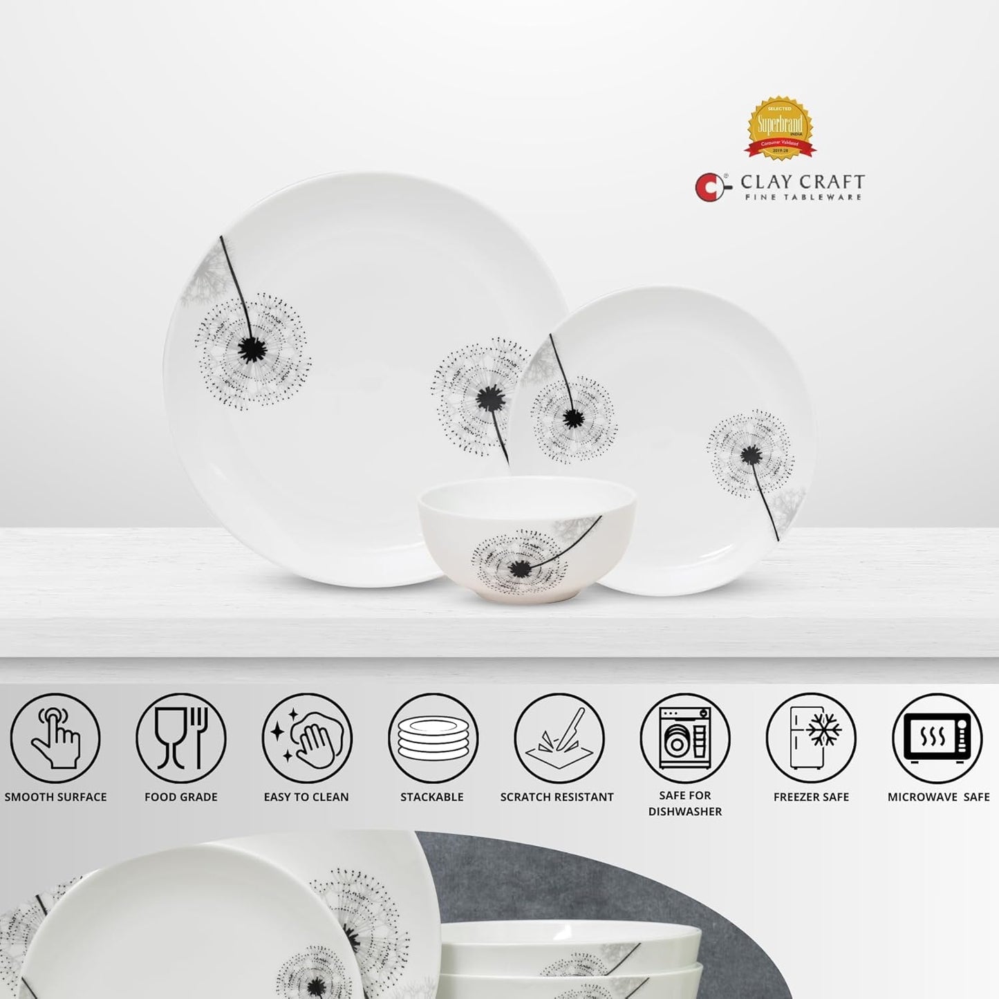 Clay Craft Fine Ceramic Eco2 Dinner Set (Set of 12), for Family of 4, Dinner Set Ceramic, Crockery Set, Dining Set for Dinner, Crockery Set for Gift, Kitchen Set for Home, Daily Use Crockery Set