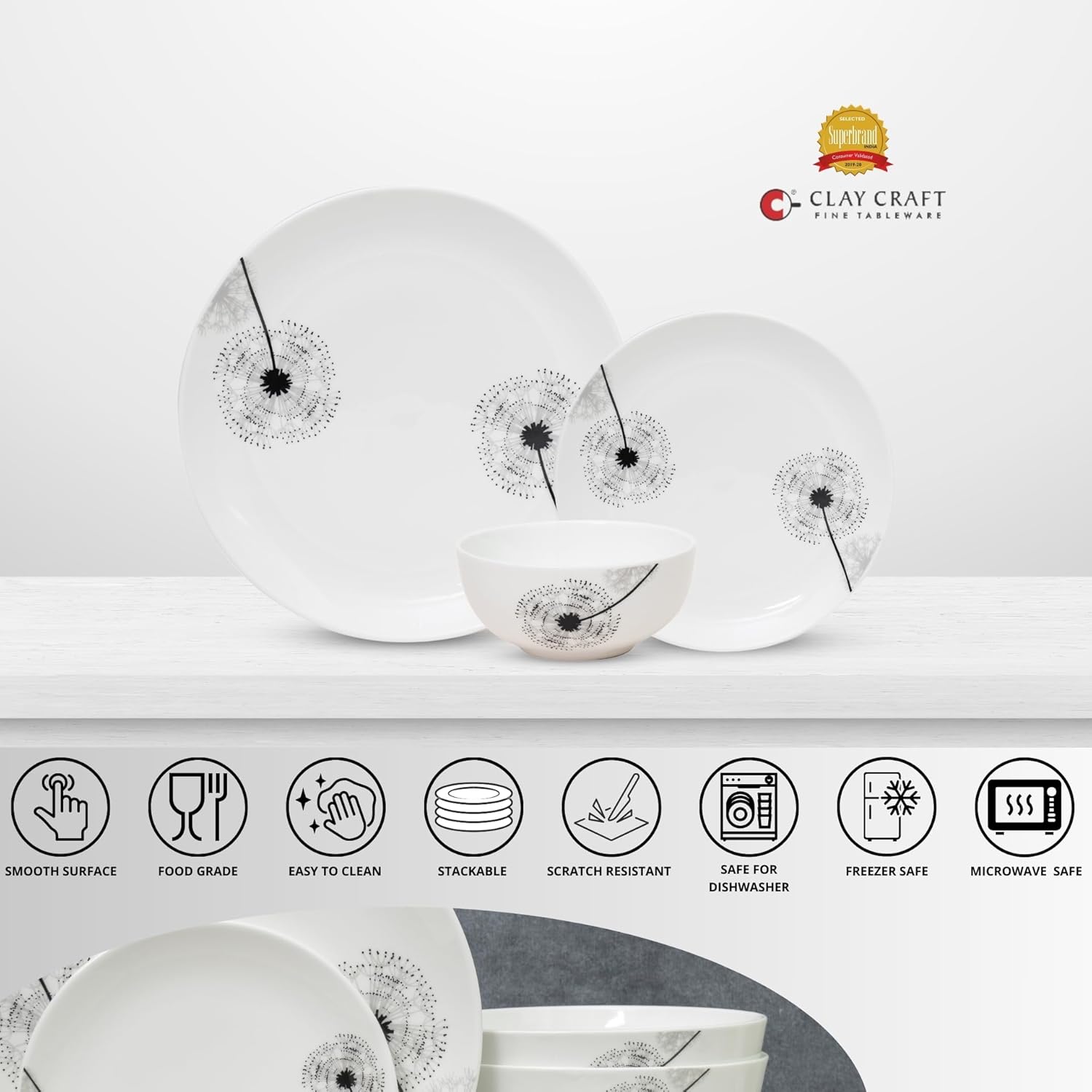 Clay Craft Fine Ceramic Eco2 Dinner Set (Set of 12), for Family of 4, Dinner Set Ceramic, Crockery Set, Dining Set for Dinner, Crockery Set for Gift, Kitchen Set for Home, Daily Use Crockery Set