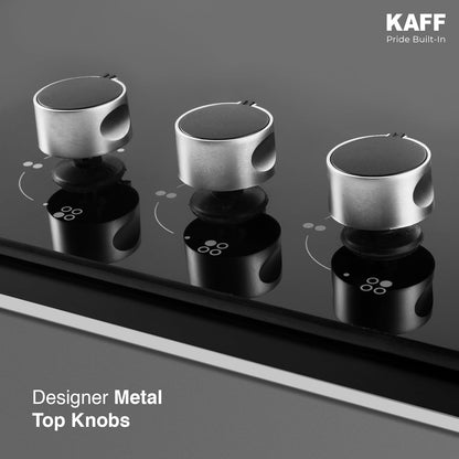 KAFF 3 Burner Cooktop for Kitchen | 71CM With Ignition | For Modern Kitchen | Ergonomic Knob |Tri-Pin Brass Burners| ISI Certified | Black | CTS713BAI