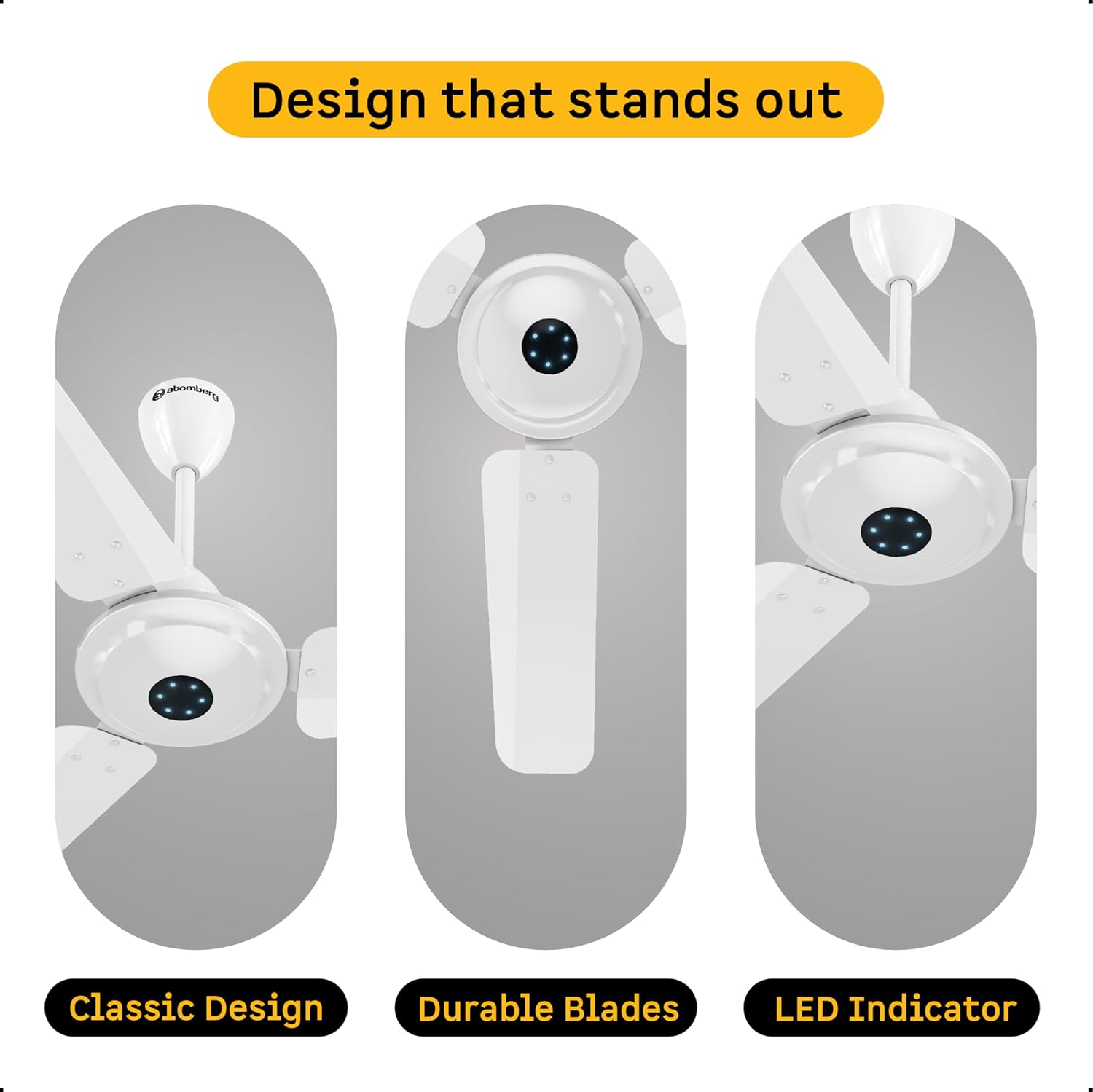 atomberg Ikano 900mm BLDC Ceiling Fan with Remote | BEE 5 star | High Air Delivery | LED Speed Indicator | Low Noise | Timeless Design with Power Saving | 3 Year Warranty | Gloss White