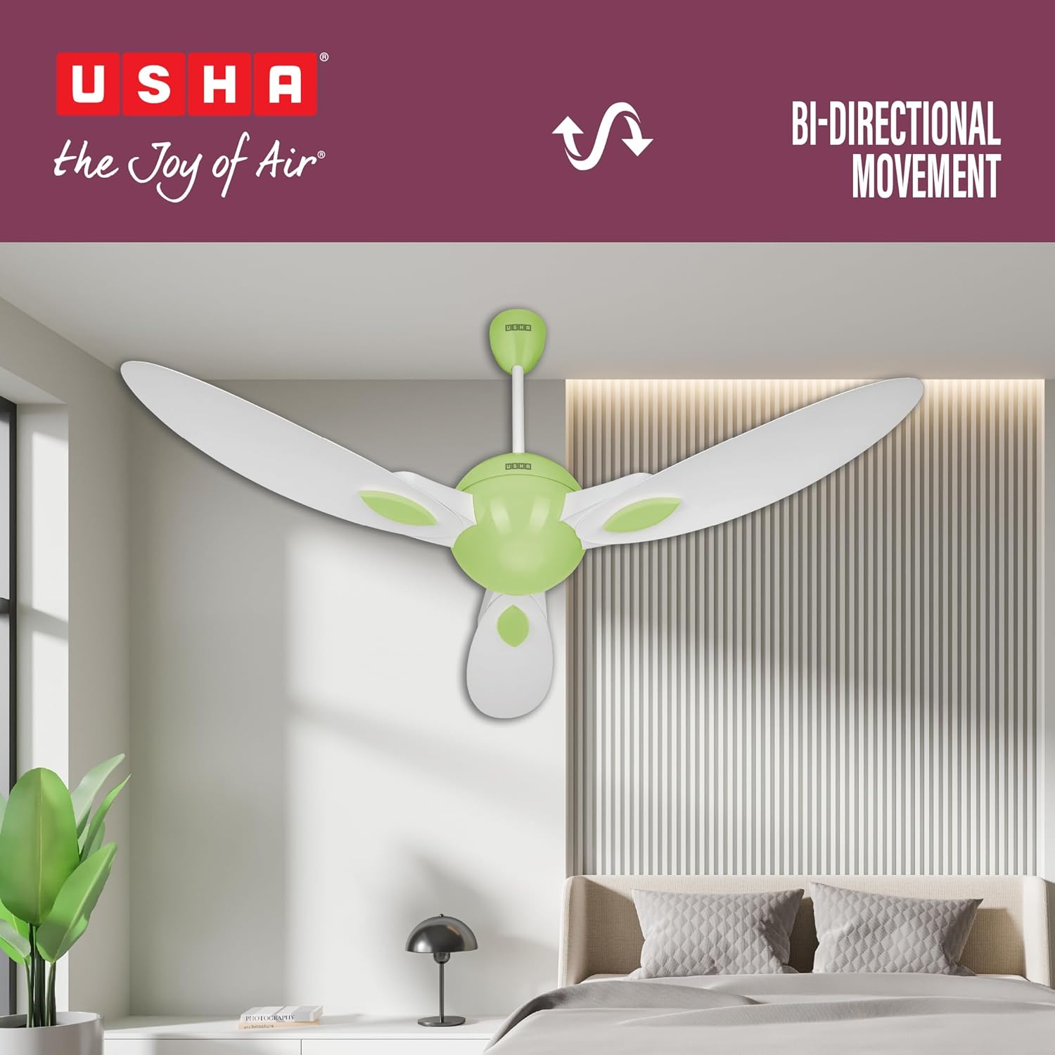 USHA New Bloom Series Plumeria (Inspired by Plumeria) BLDC Ceiling Fan with Bi-Directional Feature | Sleep/Boost/Timer Modes | RF Remote | Whisper-Quiet | Dust-Resistant (white & Light Green)