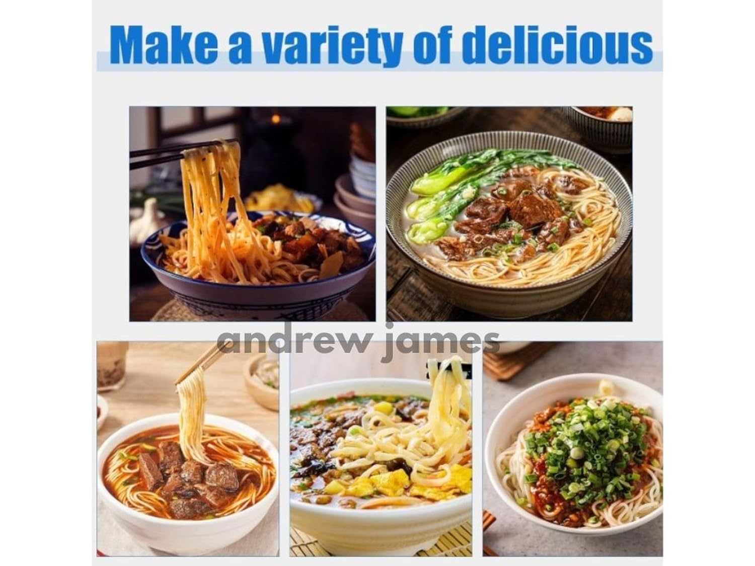ANDREW JAMES Manual Commercial Heavy-Duty Manual Noodle Maker Machine with Dual 2mm & 4mm Stainless Steel Blades – Hand Crank Pasta Roller for Homemade Spaghetti & Dough Sheets