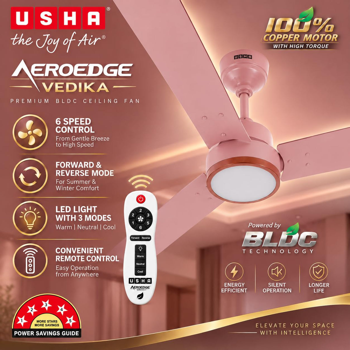 USHA AeroEdge Vedika Underlight BLDC 1200 mm Ceiling Fan with RF Remote | 5 Star