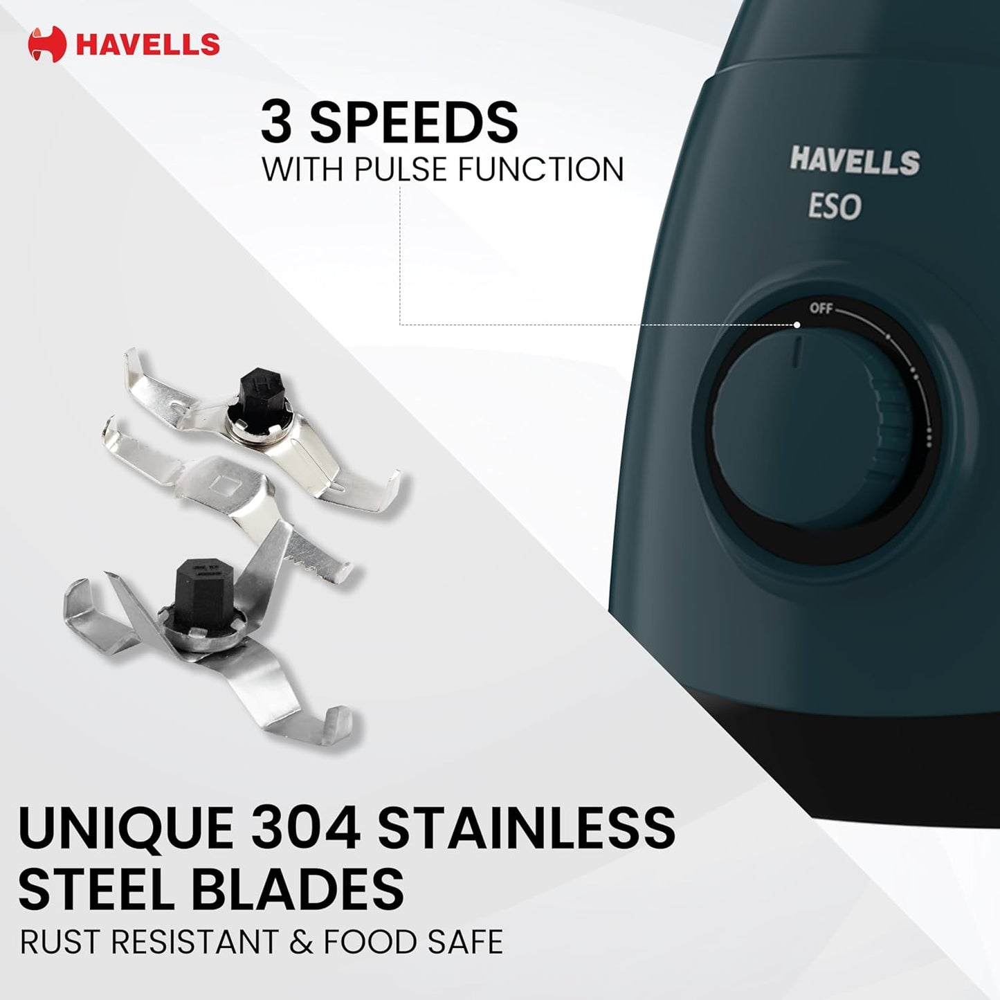 Havells ESO 750 Watt Mixer Grinder | 4 Jars (3 Stainless Steel + 1 Juicer Jar) | Heavy-Duty ABS Body | Powerful Motor | Wider Mouth Blades | Handles on All Jars | 2-Year Product Warranty (Teal)
