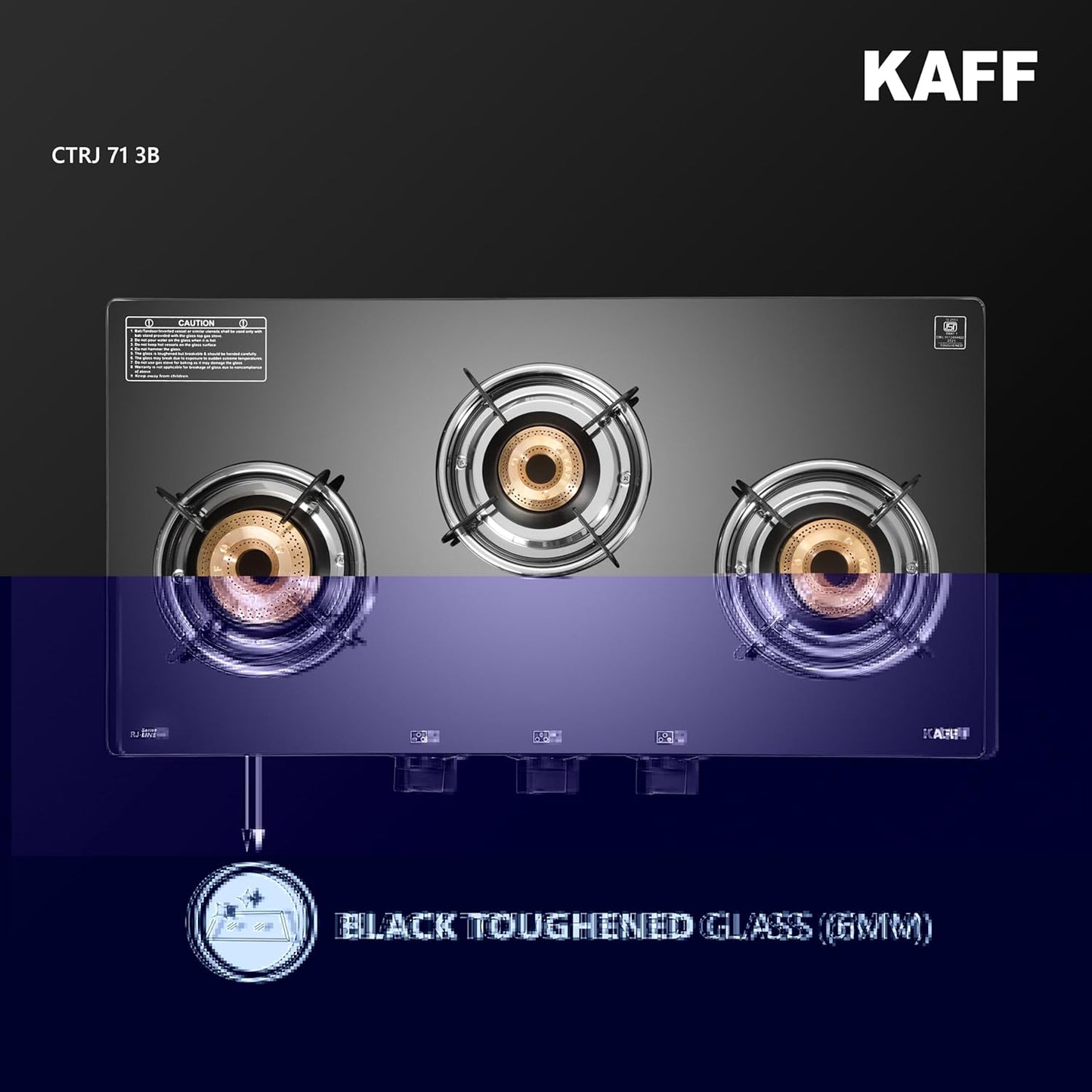 KAFF Cooktop | 3 Burners with Slim Line Design 71 CM | High Efficiency Brass Burners, Black Tempered Glass | Matt Enamelled Pan Support | Black | CTRJ71-3B