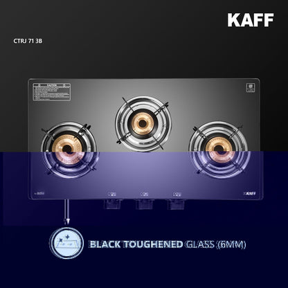 KAFF Cooktop | 3 Burners with Slim Line Design 71 CM | High Efficiency Brass Burners, Black Tempered Glass | Matt Enamelled Pan Support | Black | CTRJ71-3B