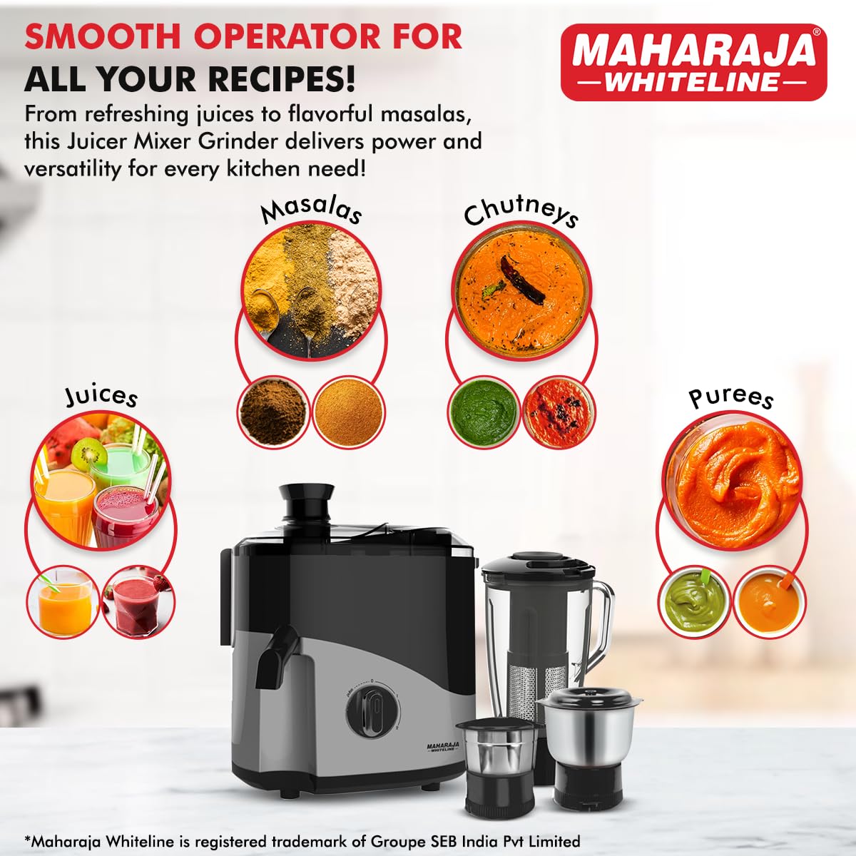 Maharaja Whiteline Odacio Plus 550-Watt Juicer Mixer Grinder With 3 Versatile Jars | Food Grade Safe | 2 year warranty (Black & Silver), 550 Watts