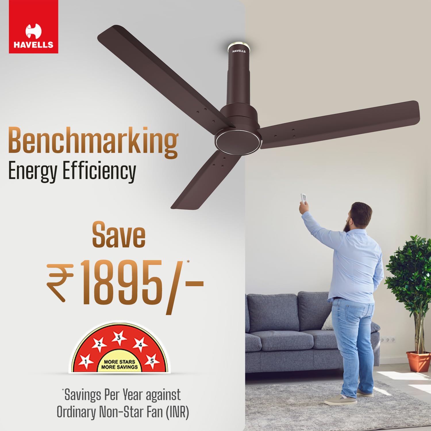 Havells 1200mm Elio BLDC Ceiling Fan | Remote Controlled, High Air Delivery Fan | 5 Star Rated, Upto 60% Energy Saving, 2+1* Year Warranty | (Pack of 1, Brown)