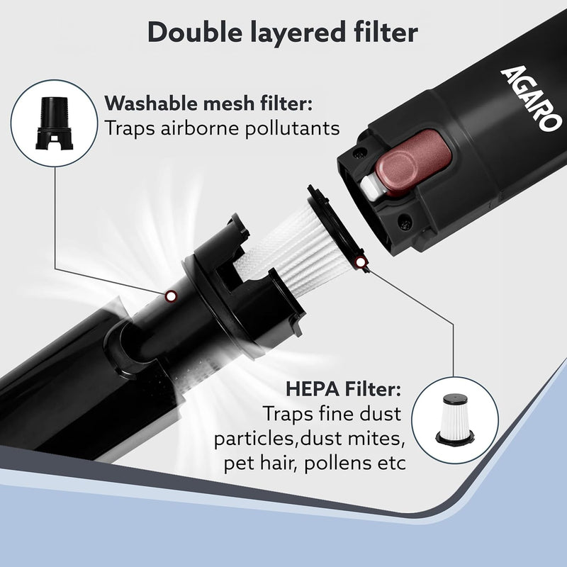 AGARO Sapphire Hand Held Vacuum Cleaner,Up to 15 kPa Powerful Suction with Fast Charging Dock, Rechargeable Portable Powerful Cleaner, Lightweight Hand Held Vacuum Cleaner for Home, Office, and Car
