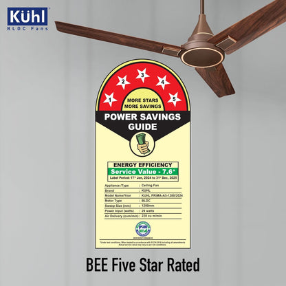 KUHL Prima A5 1200Mm Bldc Ceiling Fan With Remote | Inr 300 Off On Exchange | 5 Star Rated | High Airflow | Saves Up To 65% Electricity | 5-Year Warranty | Teak