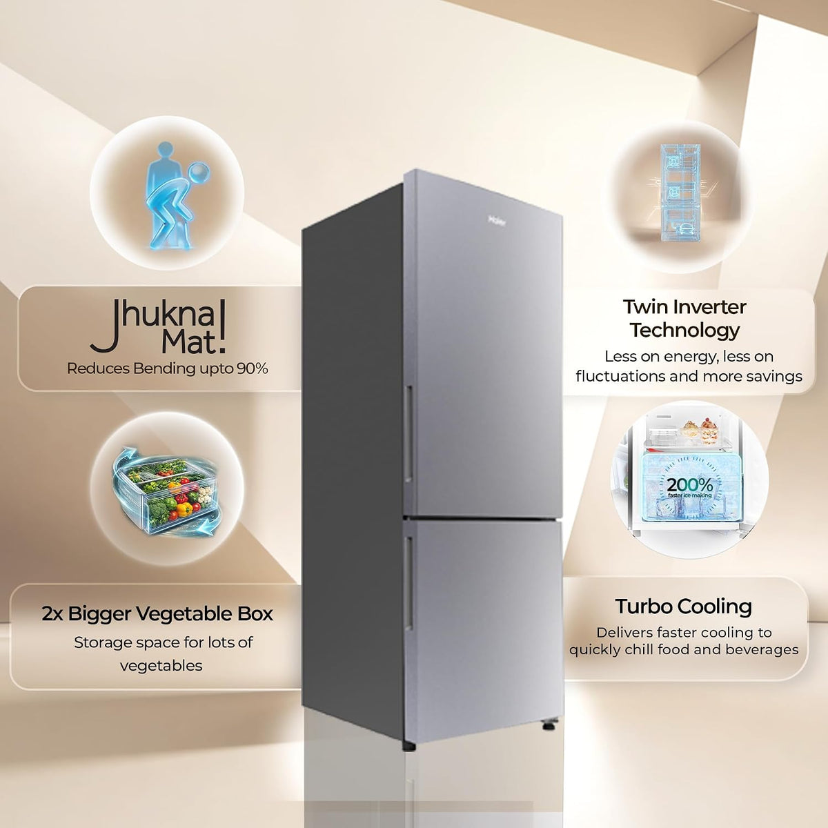 Haier 237 L 2 Star Frost Free Twin Inverter Double Door Bottom Mount Refrigerator with Extra Spacious 2X Veg Box (HEB-242EGSA-P, Moon Silver, 2026)-2