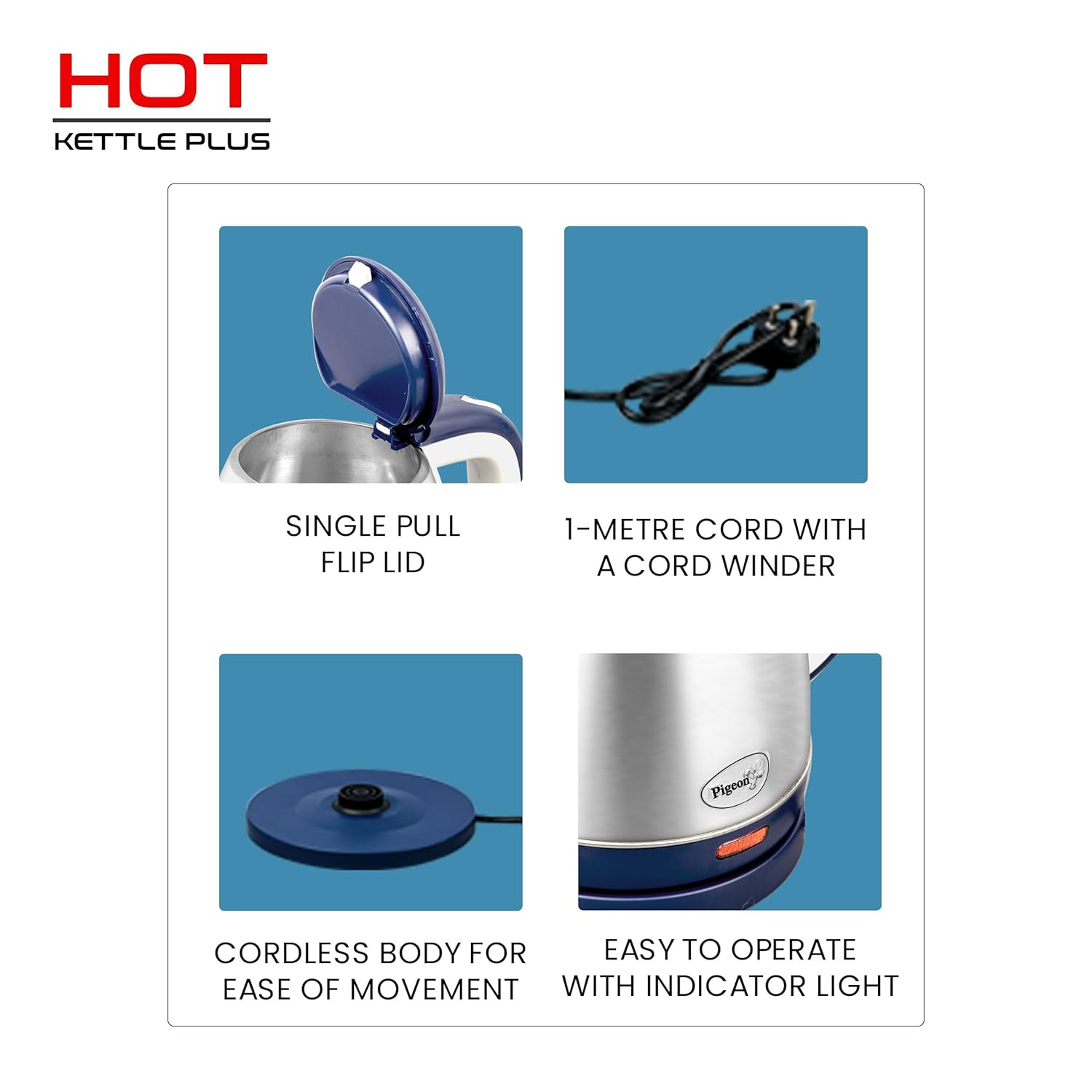 Pigeon Kessel Multipurpose Kettle 1.5 litres with Stainless Steel Body, used for boiling Water and milk, Tea, Coffee, Oats, Noodles, Soup etc 600 Watt (Blue)