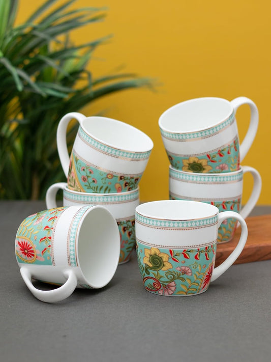 Clay Craft Fine Ceramic Tea/Coffee Cup Set of 6-200 ml Each (Vintage Bliss), Tea Cup Set of 6, Microwave & Dishwasher Safe, Mugs for Coffee, Cups Set of 6, Mug Set, Gift Set, Ideal for Gifting