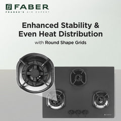 Faber Della 3 Burner 72Cm Hob |Auto Ignition|Brass Burner| Cast Iron Pan Support |Hob/Cooktop Hybrid| Matt Black Glass F
