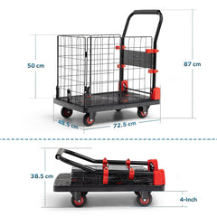 Corvids 150 Kg Portable & Collapsible Plastic Platform Trolley with Basket Cage | 2-Year Warranty |Folding Platform Hand Truck with 360 Rotating Wheels for Home, Office, Warehouse & Outdoor Use