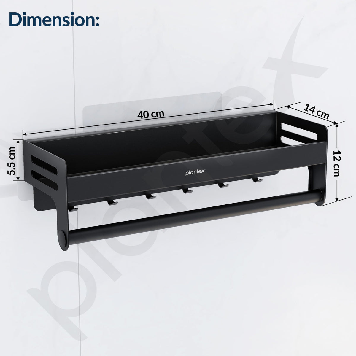 Plantex Aluminium Self Adhesive Bathroom Shelf with Towel Rod and Movable Hooks/Rack Shelf for Bathroom/Kitchen Shelf Organizer (Black)-5