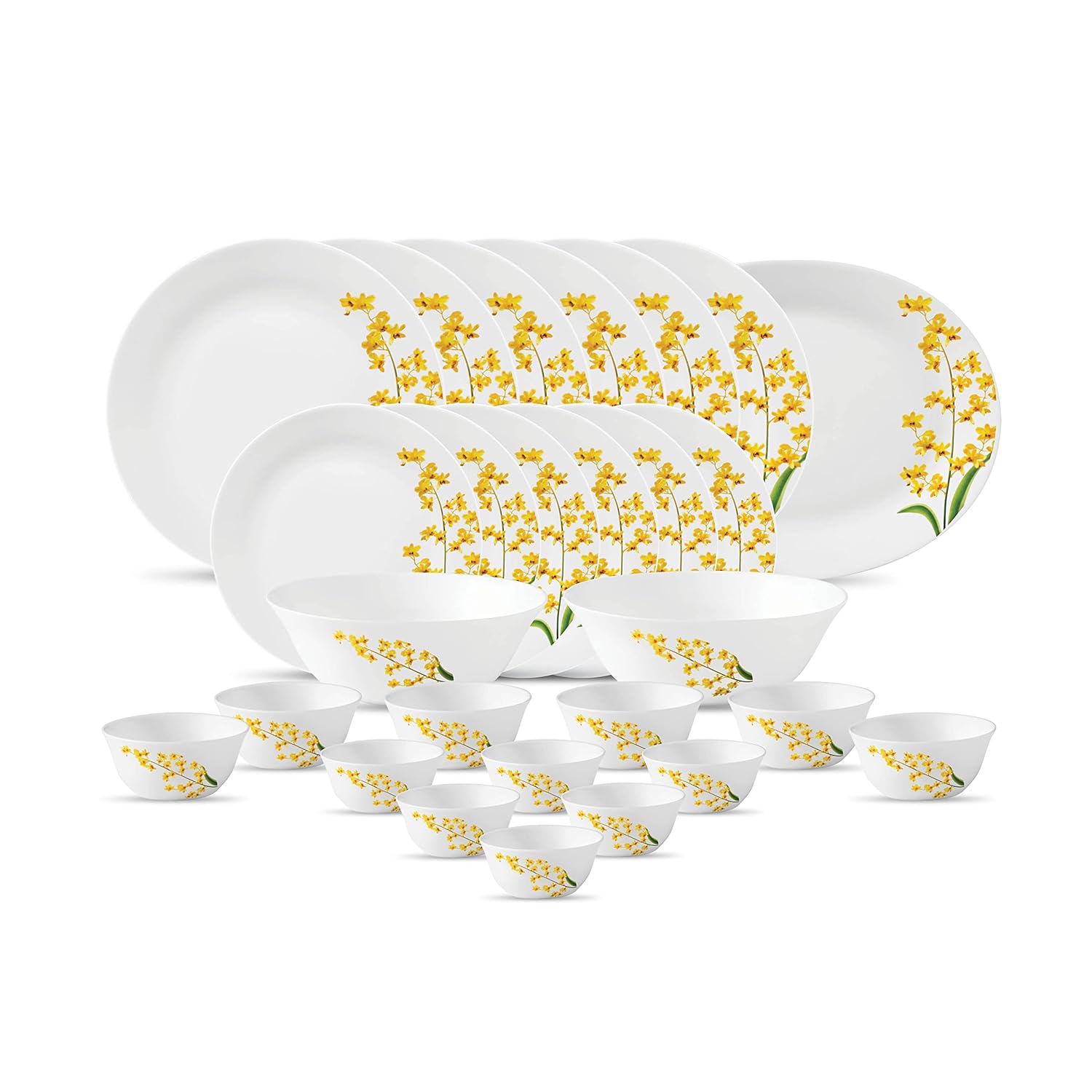 La Opala Diva Ivory Collection Opal Glass Crockery | for Family of 6 | Dinner Set 27 pcs Yellow Grace | Plates & Bowls for Dining | Microwave Safe | 100% Vegetarian | Extra Strong | Light & White