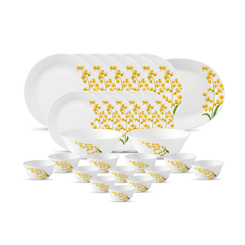 La Opala Diva Ivory Collection Opal Glass Crockery | for Family of 6 | Dinner Set 27 pcs Golden Fall | Plates & Bowls for Dining | Microwave Safe | 100% Vegetarian | Extra Strong | Light & White