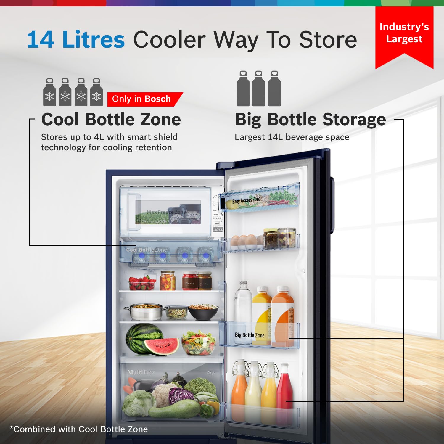 BOSCH 187L, 4 Star, Single Door Refrigerator with Industry's largest base drawer, vegetable box* & Beverage space (CST18B34PI, Feather blue) 18 Hr Cooling Retention, 2.5x Cooling, inverter compressor