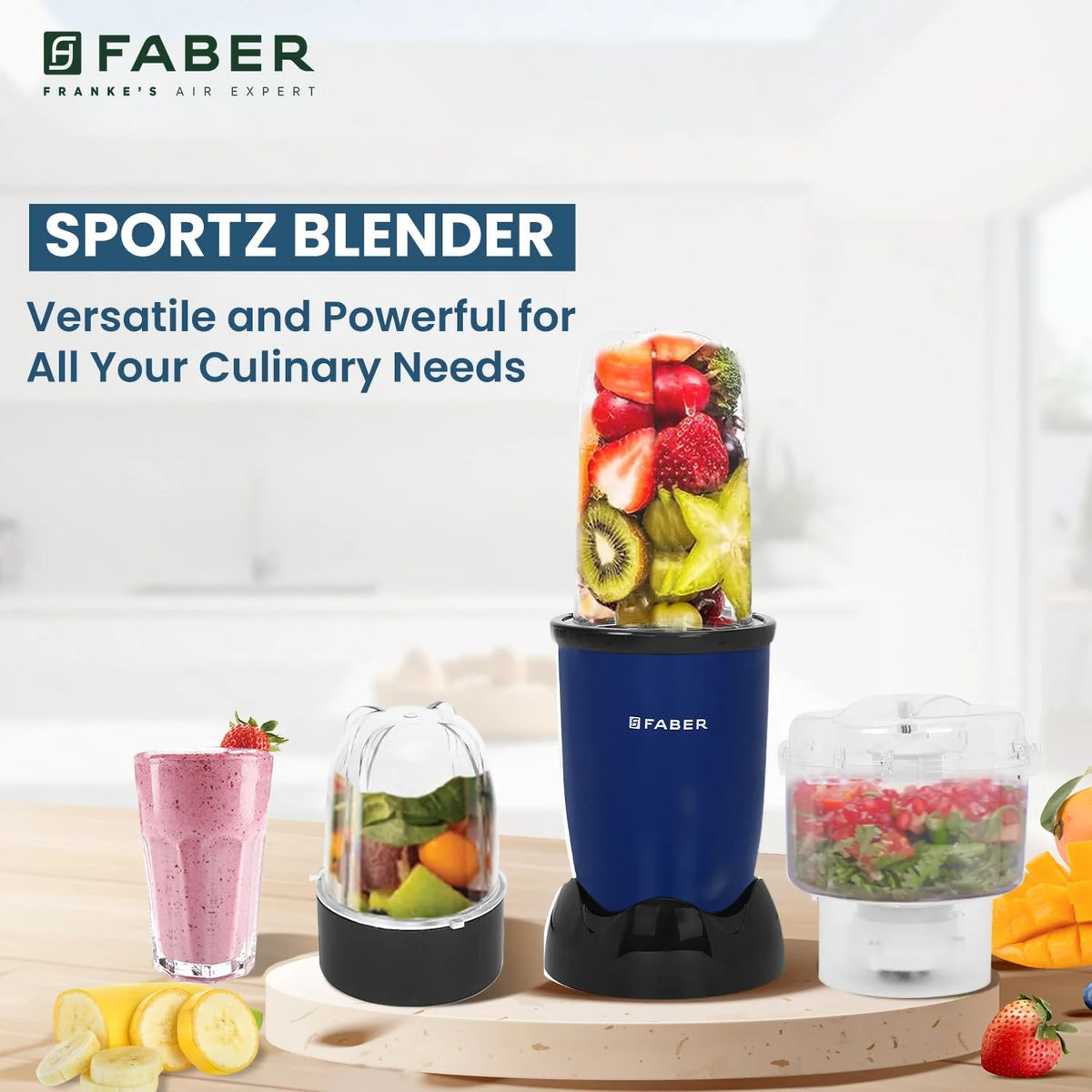 Faber Sportz Blender| 3 PC Jars| Dry/Wet Grinder Chopper,Smoothie,Juice Chutney Maker| Detachable SS Blades|Overheat Pro