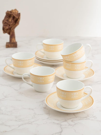Clay Craft Fine Ceramic Cream Series Cup & Saucer Set for Tea/Coffee of 12 (6 Cups + 6 Saucers) - 180 ml Each (Golden Lines)