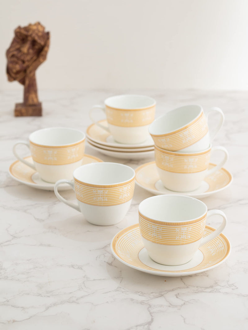 Clay Craft Fine Ceramic Cream Series Cup & Saucer Set for Tea/Coffee of 12 (6 Cups + 6 Saucers) - 180 ml Each (Black Circles)