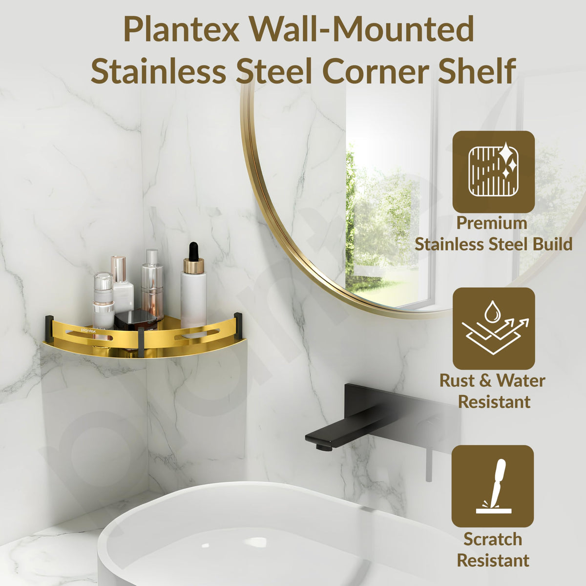 Plantex Corner Shelf for Bathroom Wall Mount/Stainless Steel Bathroom Corner Shelf with Railings/Bathroom Accessories Holder for Wall (9x9 inches, PVD Gold & Black)-3