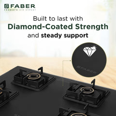 Faber Blossom Black Matt Glass Finish Cooktop| 4 Brass Burners-1Jumbo, 2Medium & 1Small |Manual Ignition | Heavy Pan Sup