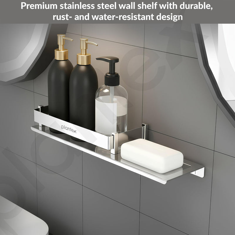 Plantex Stainless Steel Bathroom Shelf with Soap Dish/2in1 Multipurpose Shelf for Bathroom/Bathroom Shelf Rack (15x5 Inches) Pack of 1-2