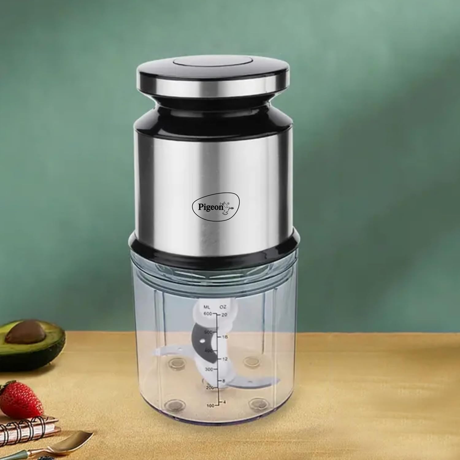 Pigeon Ultra Fast Electric 300 Watts Electric Chopper For Kitchen, Twin Blade Technology, 600 Ml 'Chop-N-Store' Plastic Bowl With Lid, Vegetable Chopper, Cutter, Chop, Mince, Dice, Whisk, Blend, Red