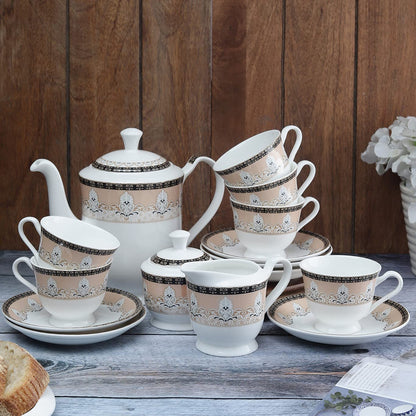 Clay Craft Fine Ceramic Tea Set of 15 (1 Tea Pot with Lid +6 Cups+6 Saucers +1 Milk Pot + 1 Sugar Pot) Can be Gifted to Any Ocassion to Your Loved Ones (Design 1 - Floral)