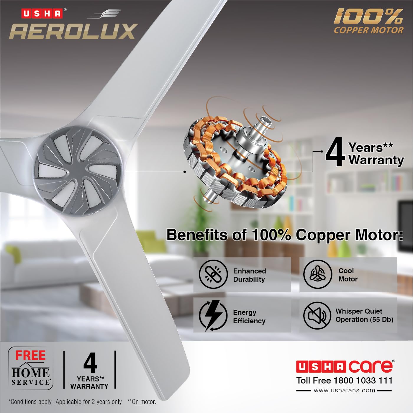 USHA Aerolux EX5 1320 mm Premium Design, Silent Ceiling Fan with ABS Blades (Galaxy White)