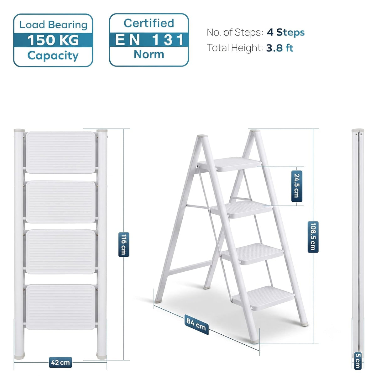 Corvids 4-Step Heavy-Duty Carbon Steel Step Stool, 2-Year Warranty, Anti-Slip Wide Steps, Portable Multipurpose Folding Step Ladder for Home, Kitchen & Office Use (White)