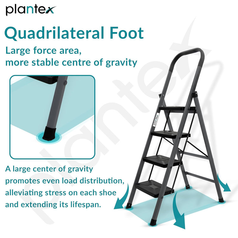 Plantex GI Steel 4-Step Ladder for Home/Easy to fold/Anti-Skid Wide Steps Ladder - (Aura, Black & Grey)