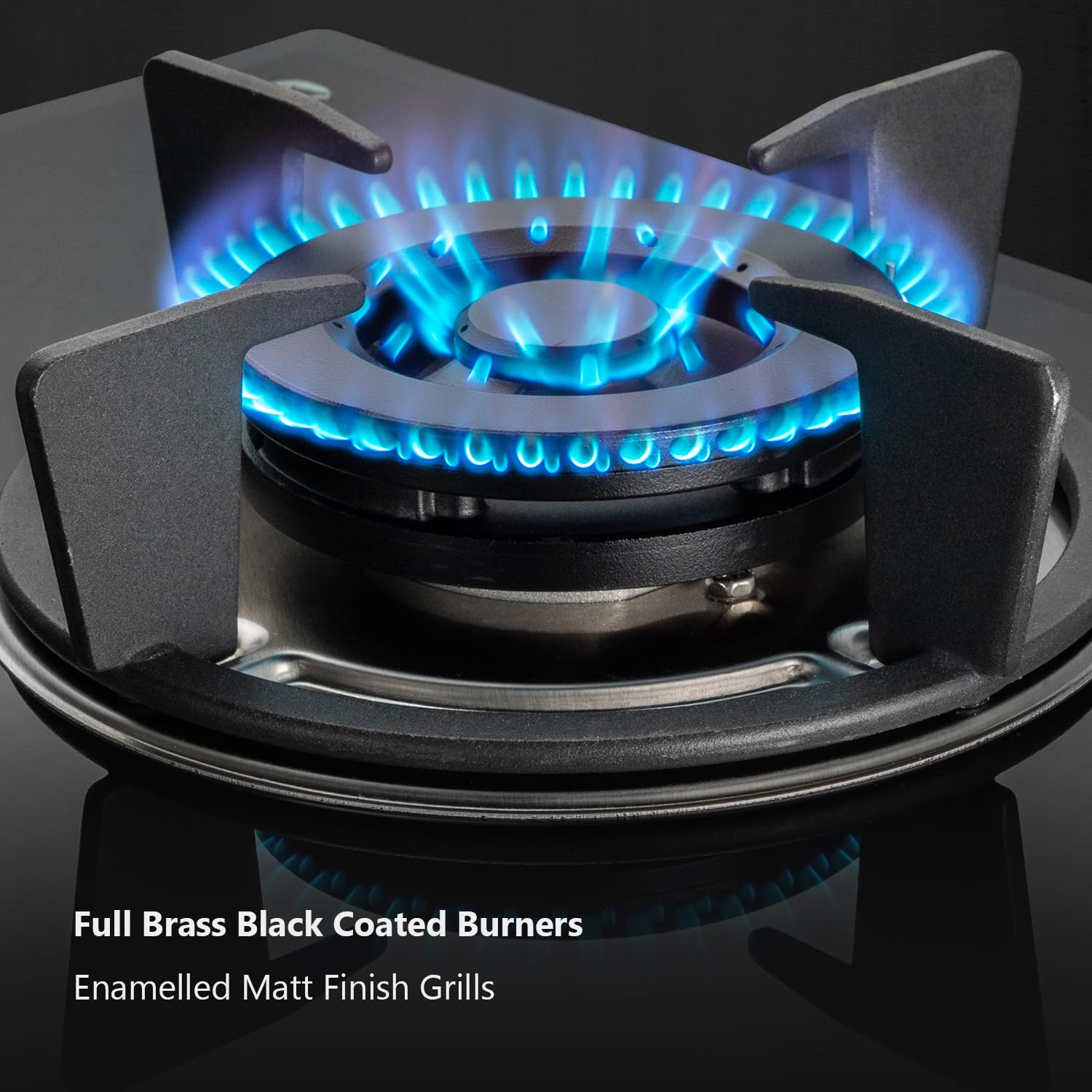 KAFF FBB 604 Built-in Hob/Hobtop 4 Burners, Auto Electric Ignition Glass Top, 60 CM, Full Brass Burner, 8 MM Thick Toughened Glass Bevelled Black Tempered Glass (Black)