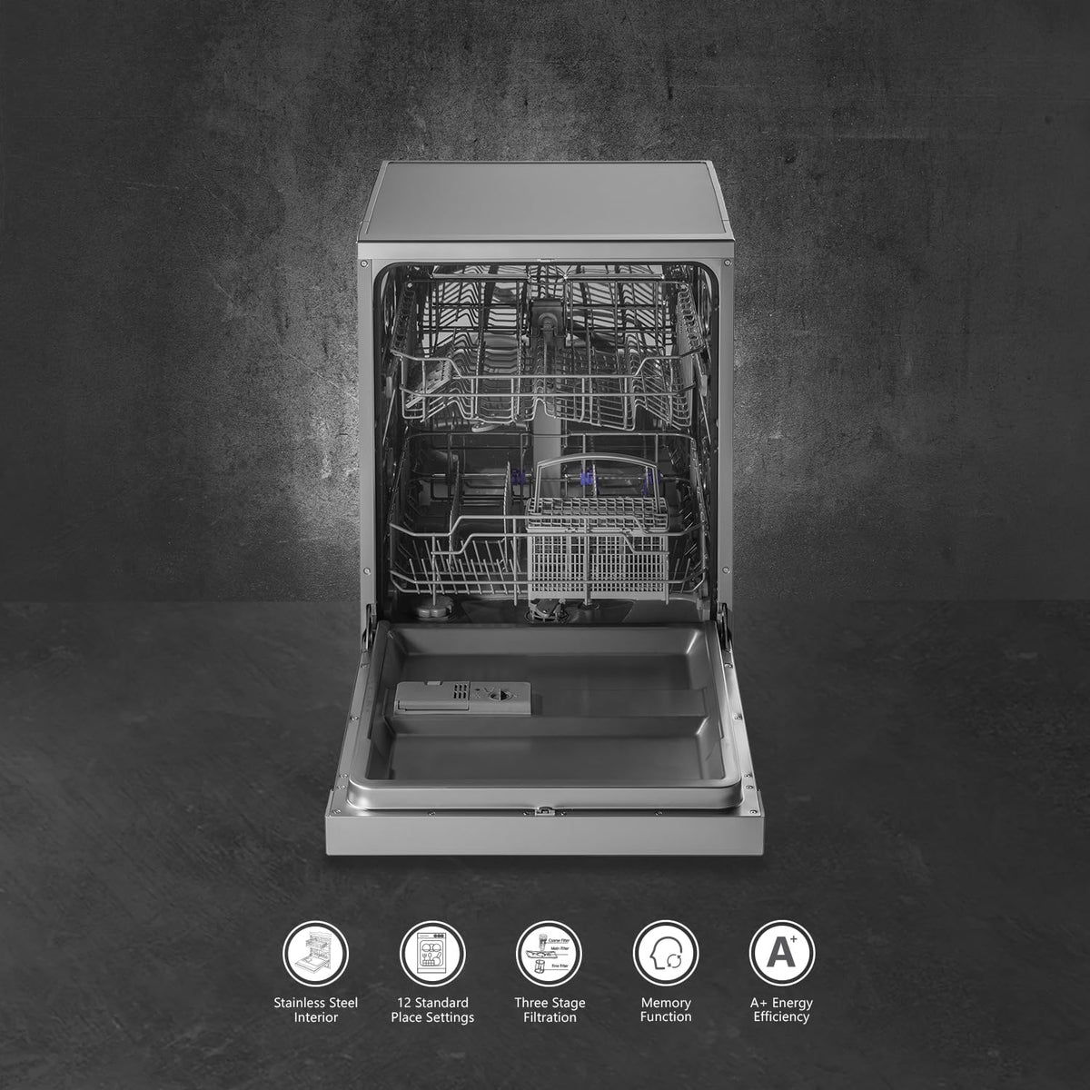 Kaff DW CENTRA 60 Dishwasher 12 Place Settings | 4 Wash Programs | Intensive, Eco, 90 Min & Rapid Wash | Stainless Steel