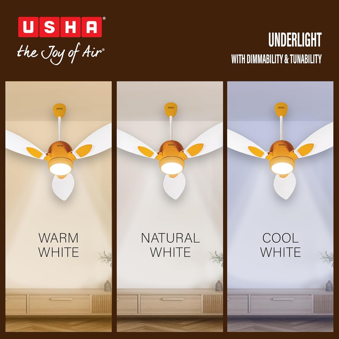 USHA New Bloom Series Sunspire Glow (Inspired by Sunflower) BLDC Ceiling Fan with Underlight with 3 Modes | RF Remote | Whisper-Quiet | Dust-Resistant (White & Saffron Yellow)