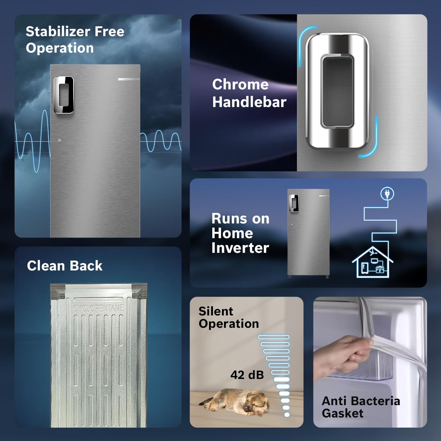 Bosch 187 L, 4 Star, Single Door Refrigerator with Industry's largest vegetable box* & Beverage space (CST18S24NI, Fine steel) 18 Hr Cooling Retention, 2.5x Faster Cooling, Smart inverter compressor