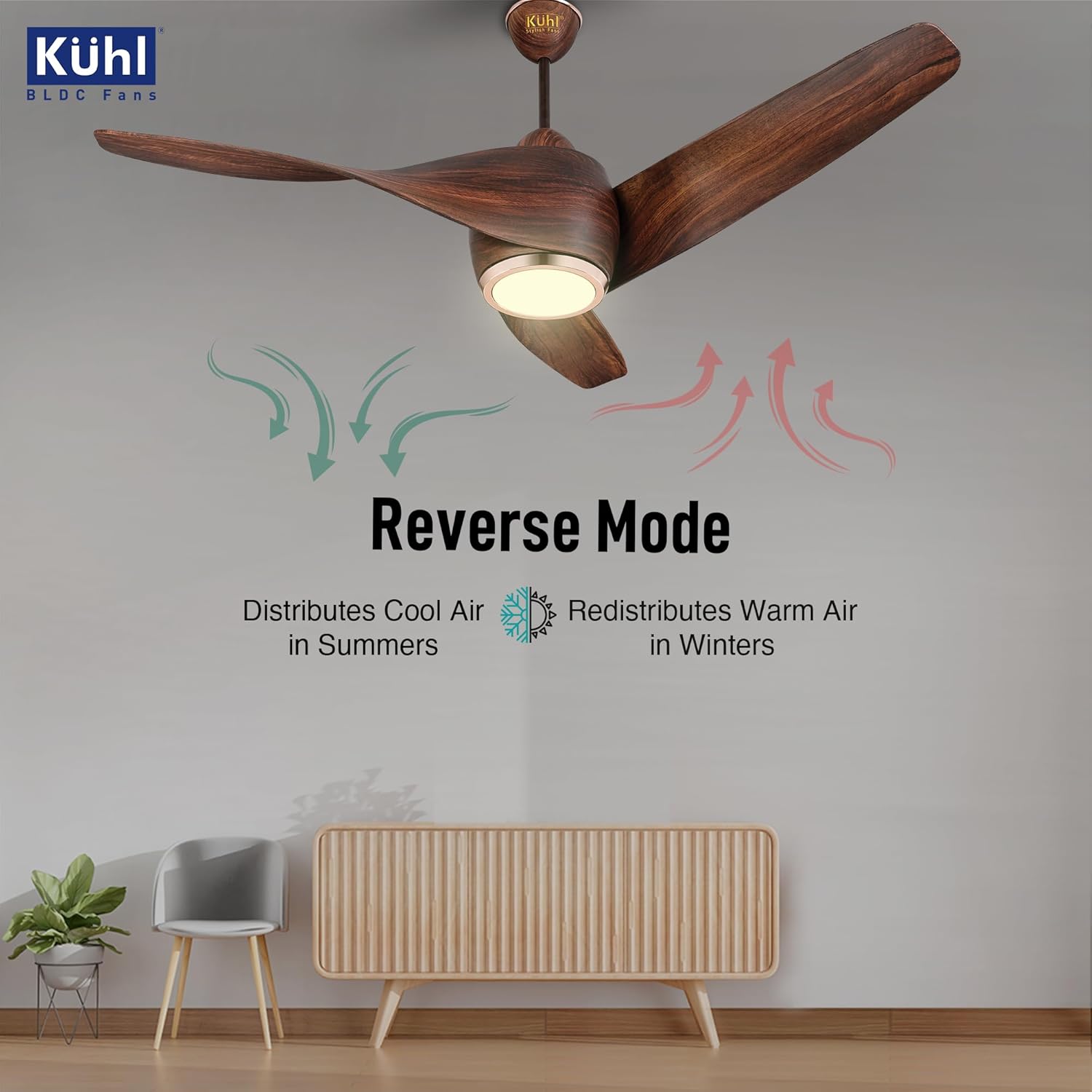 KUHL Twist L3 1320 mm 65% Power Saving BLDC Ceiling Fan | BEE 5 Star Rated & ISI Marked | High Air Flow |5YearWarranty on Motor By Brand |Free Installation | IoT – Operate via Mobile & Alexa | Teak