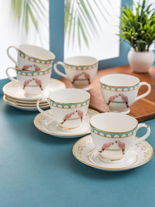 Clay Craft Fine Ceramic Cup & Saucer Set of 12-6 Cups & 6 Saucers - 180 ml Each (King Velvet RV905)