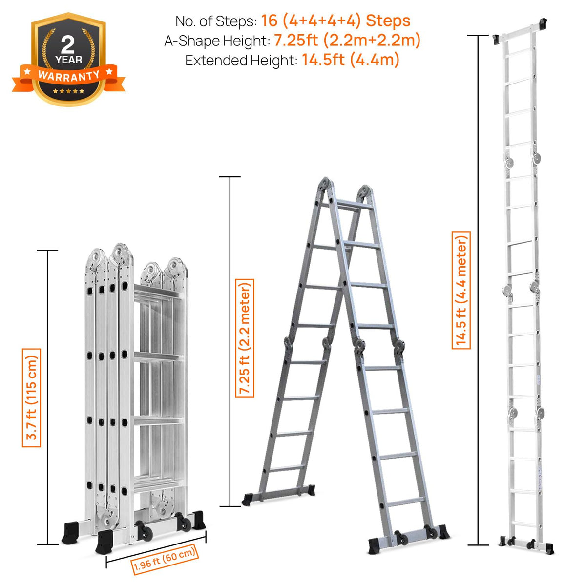 Corvids 14.5 Feet (16 Steps) Portable & Compact Folding Aluminium Multipurpose Super Ladder | 2-Year Warranty | Ladder for Home & Industrial Use - Capacity 120 Kg