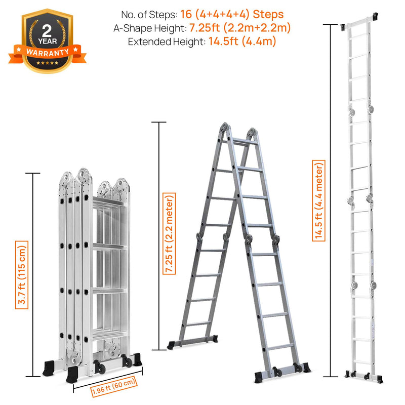 Corvids 14.5 Feet (16 Steps) Portable & Compact Folding Aluminium Multipurpose Super Ladder | 2-Year Warranty | Ladder for Home & Industrial Use - Capacity 120 Kg