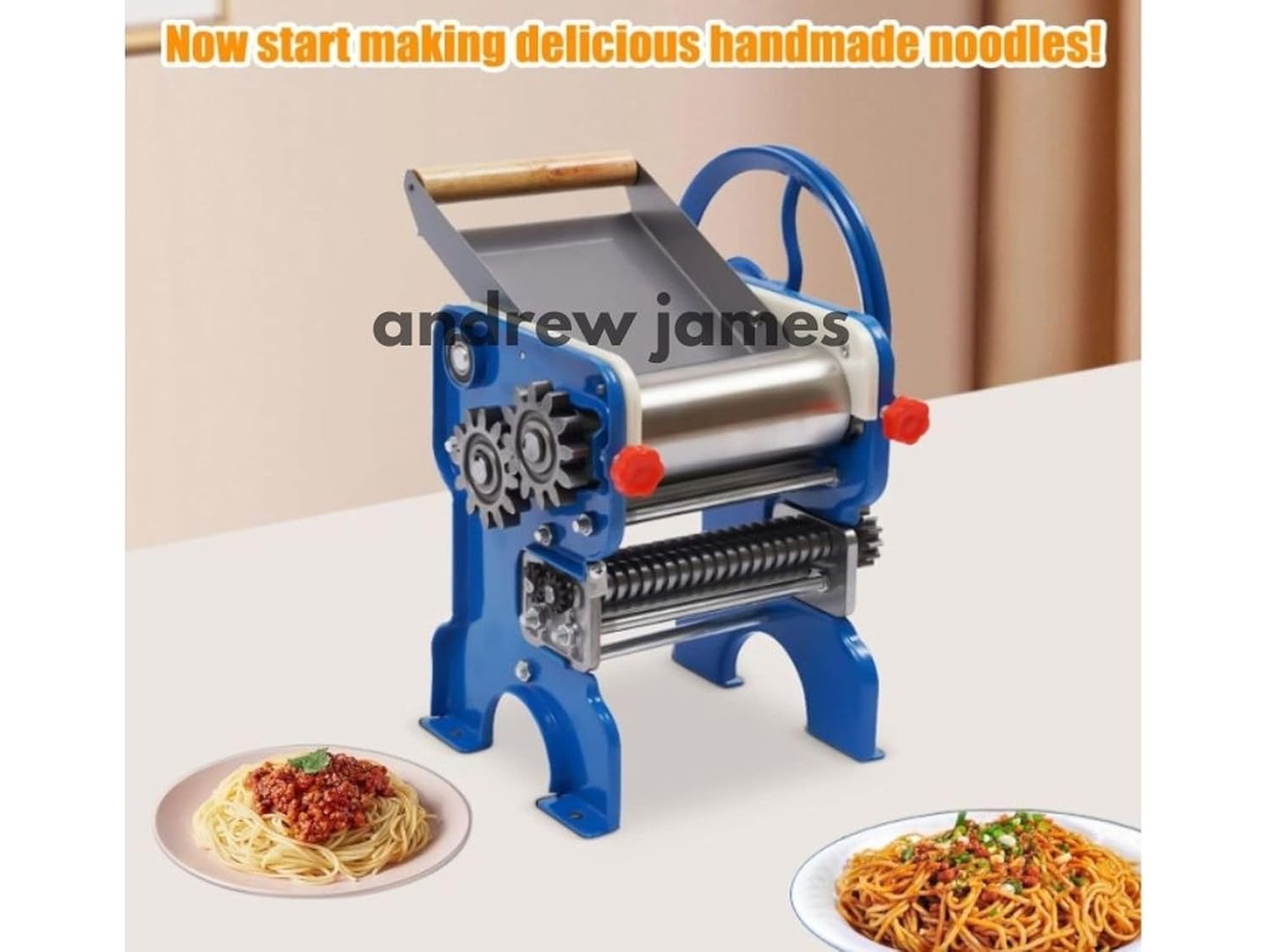 ANDREW JAMES Manual Commercial Heavy-Duty Manual Noodle Maker Machine with Dual 2mm & 4mm Stainless Steel Blades – Hand Crank Pasta Roller for Homemade Spaghetti & Dough Sheets