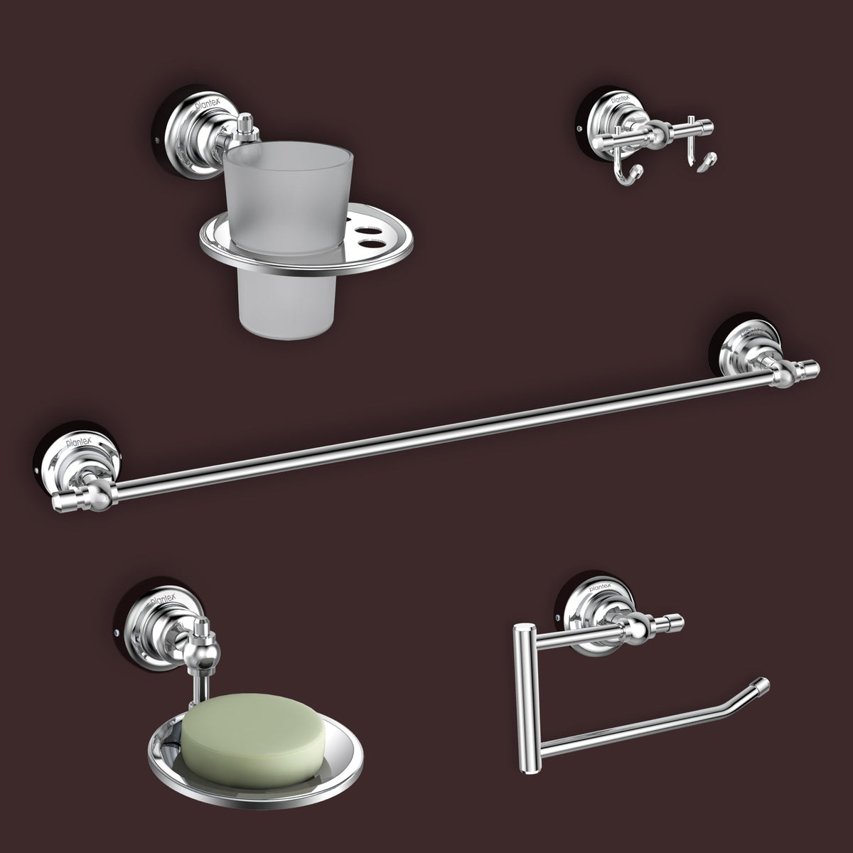 Plantex 304 Grade Stainless Steel Bathroom Accessories Set of 5 - Towel Rod/Hand Napkin Hanger for Wash Basin/Soap Case/Toothbrush Holder/Robe Hook - Skyllo (Chrome)-1