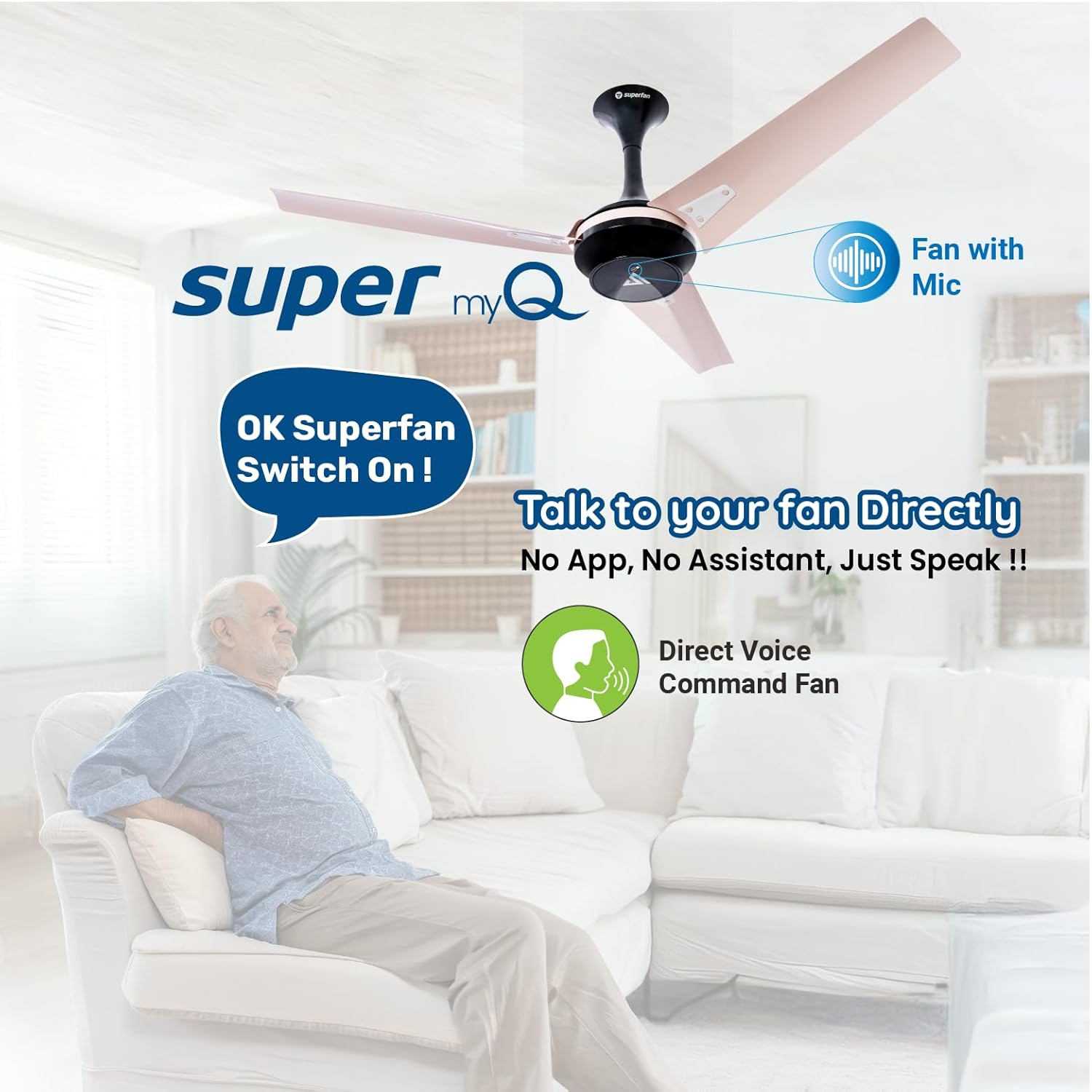 Superfan SupermyQ 1200mm BLDC Ceiling Fan for Home| India's 1'st BLDC fan| Direct Voice Command |Wi-Fi Connectivity | 5 Year Warranty (Onyx Blush)
