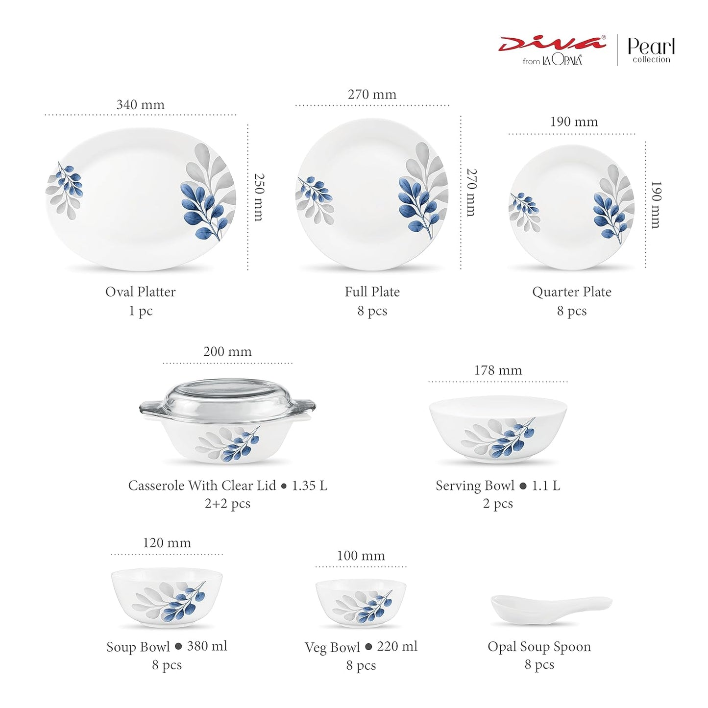 Diva by La Opala, Pearl Collection, Opal Glass Dinner Set 47 pcs, Indigo Bliss, White