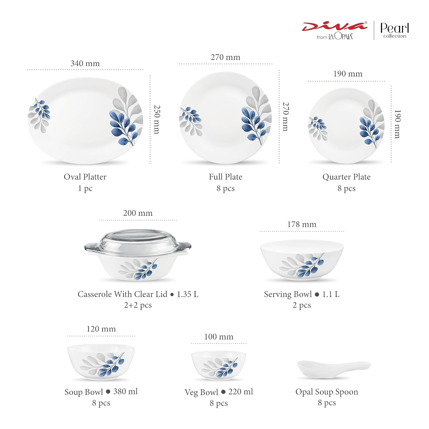 Diva by La Opala, Pearl Collection, Opal Glass Dinner Set 47 pcs, Indigo Bliss, White
