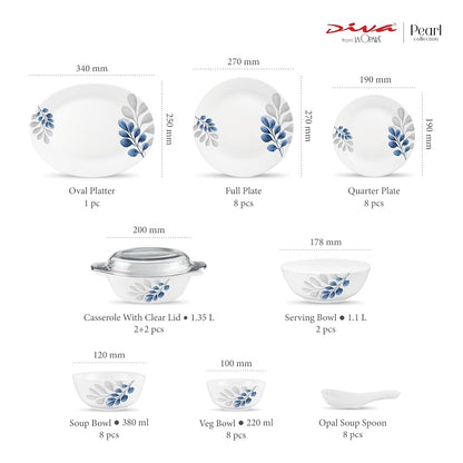 Diva by La Opala, Pearl Collection, Opal Glass Dinner Set 47 pcs, Indigo Bliss, White
