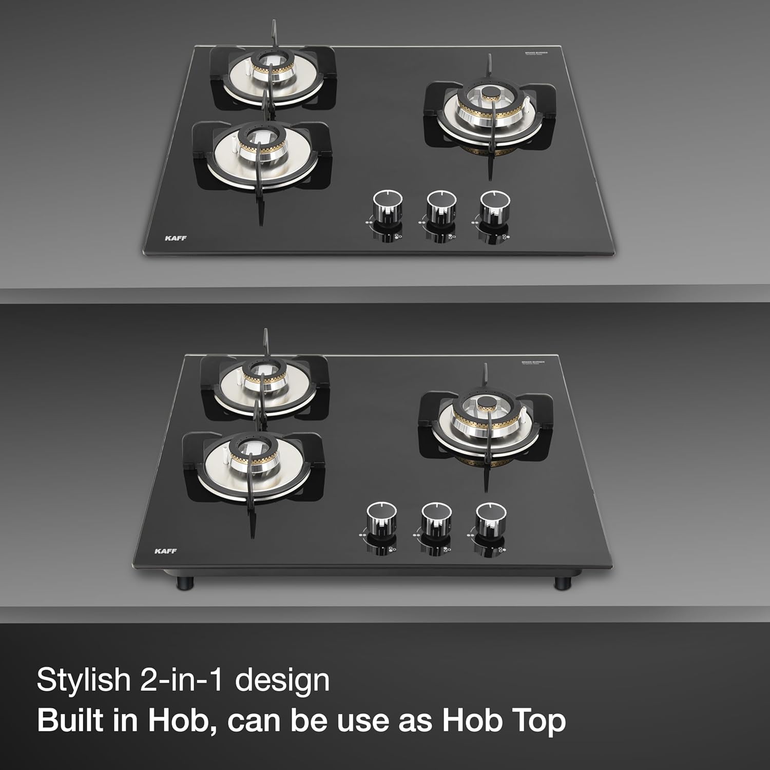 KAFF Built-in Hob/Hobtop 3 Burners with Auto Electric Ignition Glass Top, 60 CM, Brass Burners, Matt Enameled Pan Support, 8 MM Thick Toughened Glass (Black) | VRH 603